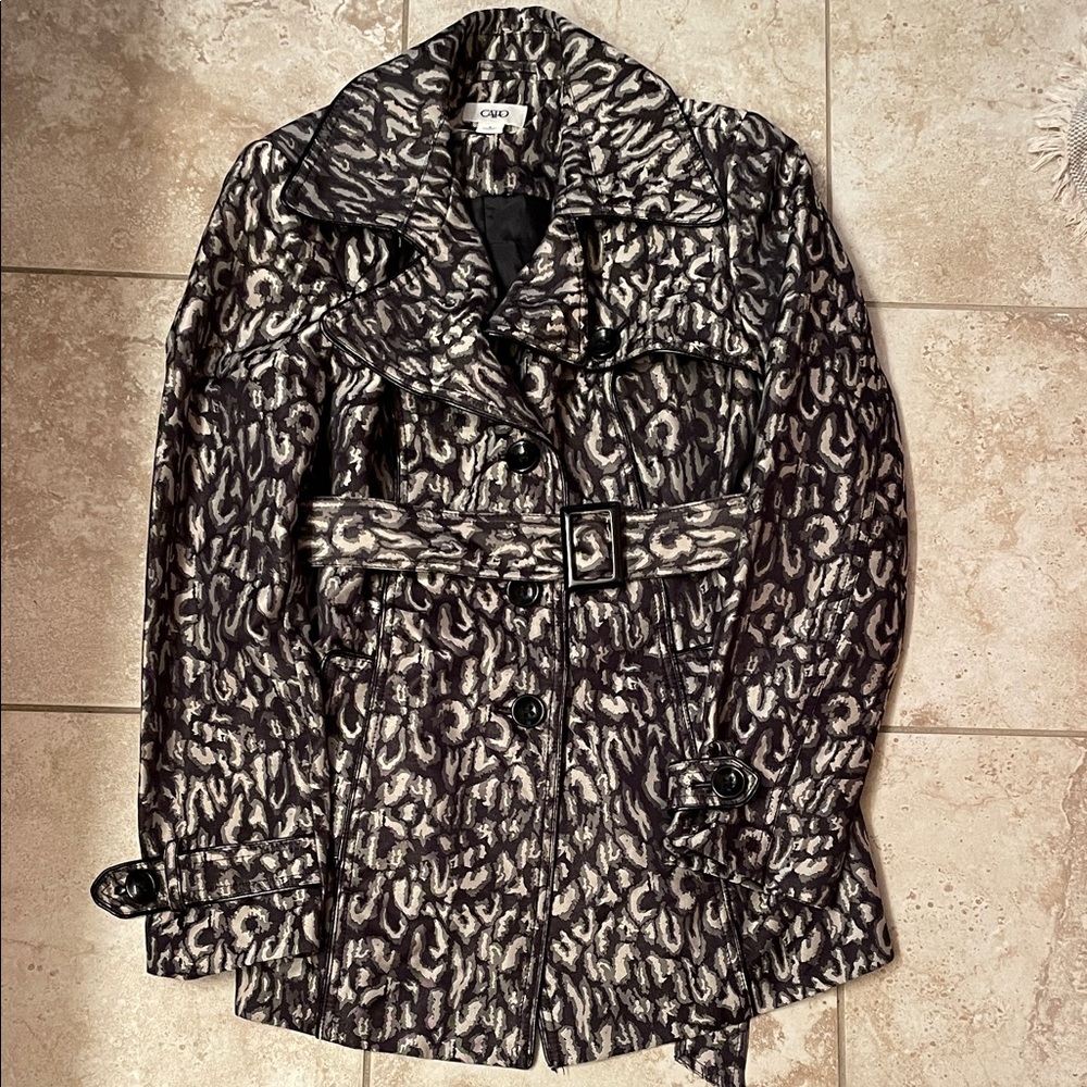 Cato Animal-Print Trench Coat in Black & Silver